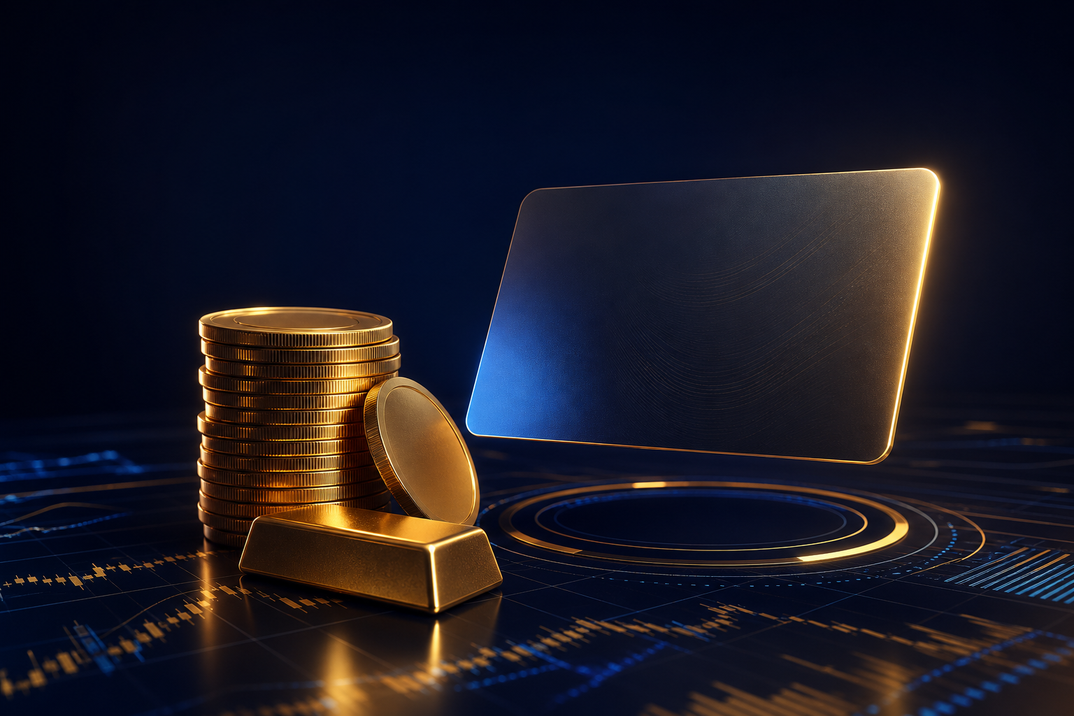 Sleek gold coins, a bank card and financial chart symbolising fast funding